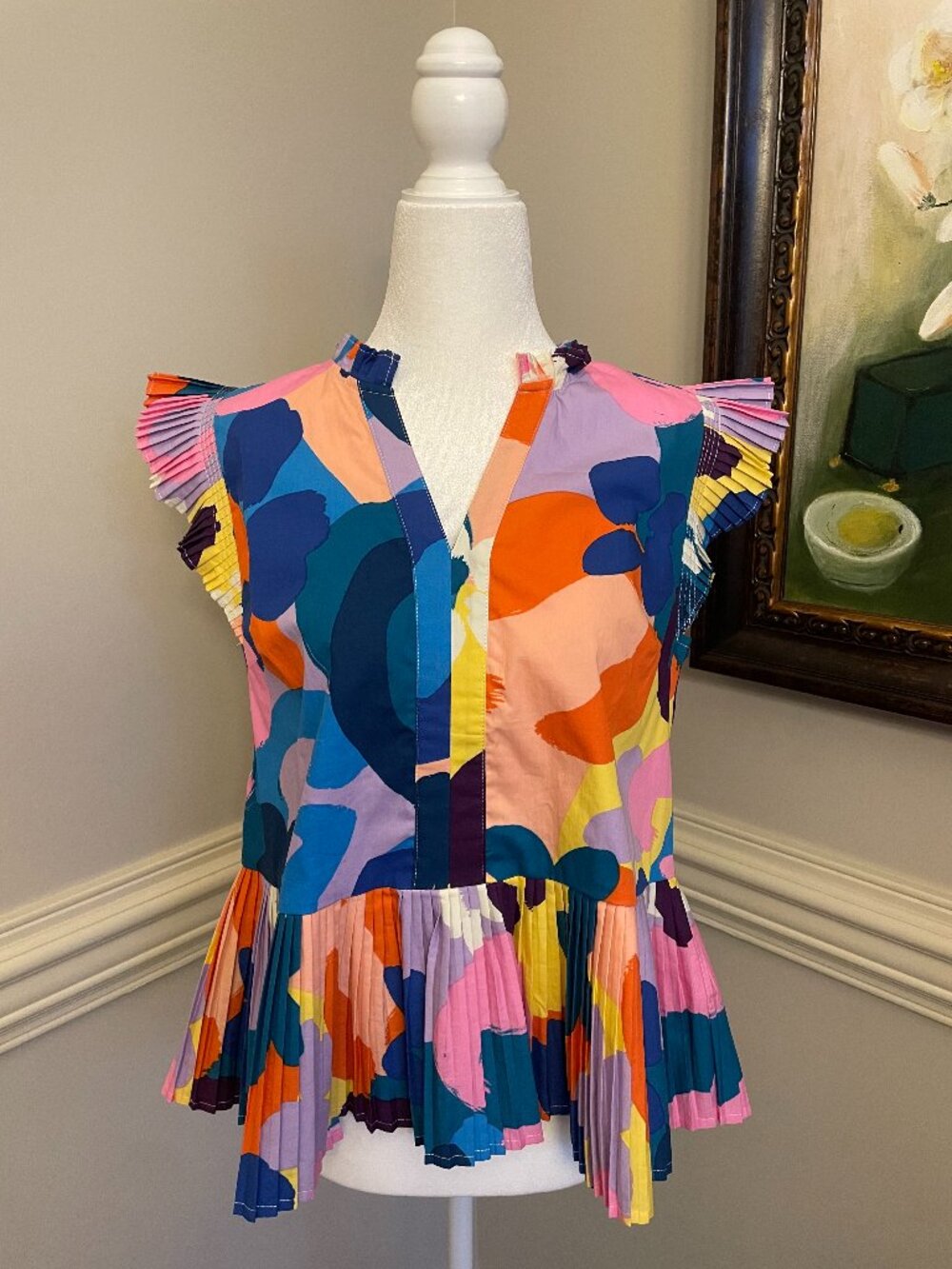 Karlie Multicolored Floral Pleated Peplum Top Size S NWOT